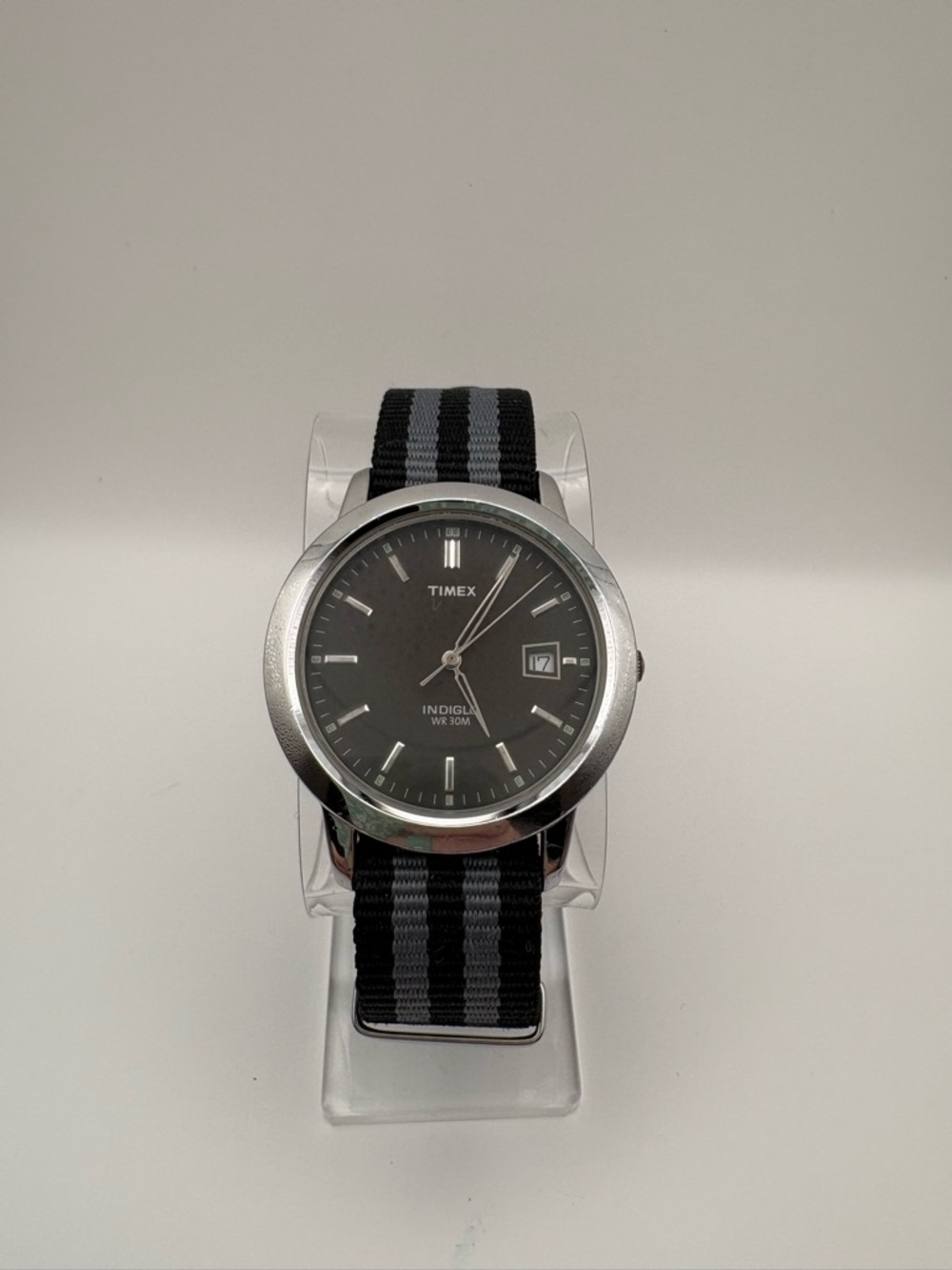 Timex Men’s Black Date Dial Indiglo Watch Black & Gray Nylon Strap